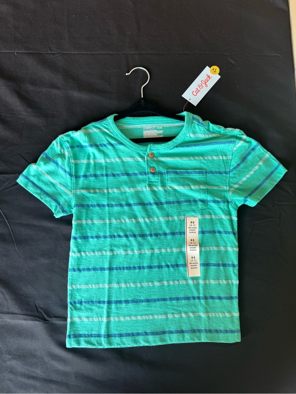 NWT Cat & Jack Boys Striped Henley Short Sleeve Pocket Shirt Mint Green XS 4/5